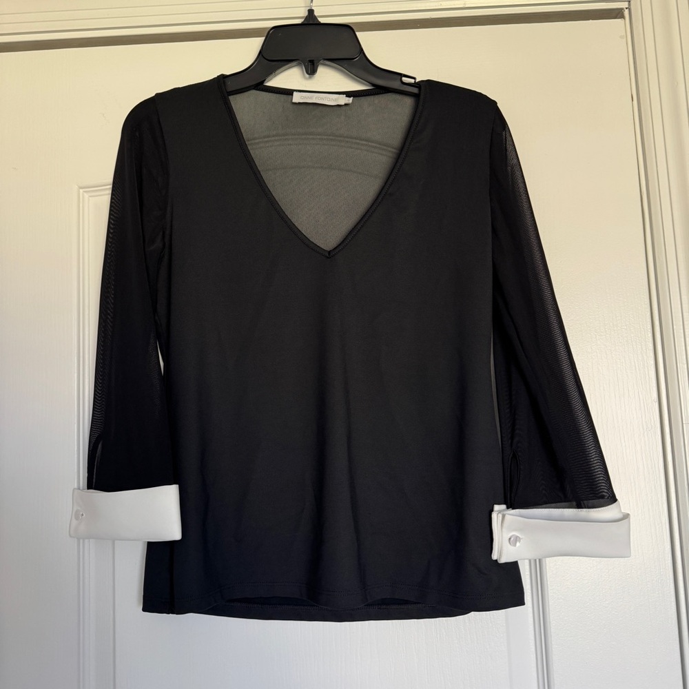 Anne Fontaine Black V-Neck Mesh Sleeve Blouse - Contrast White Cuff Top